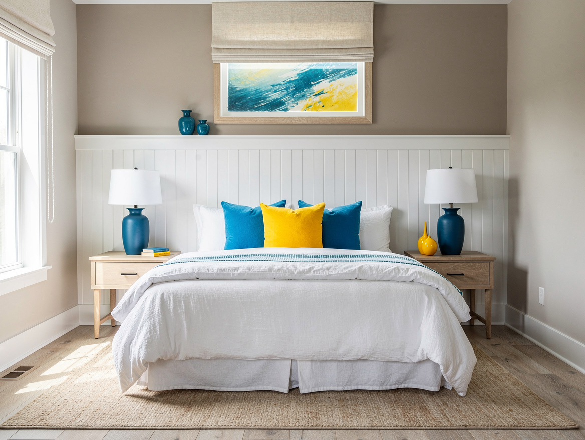 Medium view of a modern cottage bedroom with a queen bed centered on a beadboard