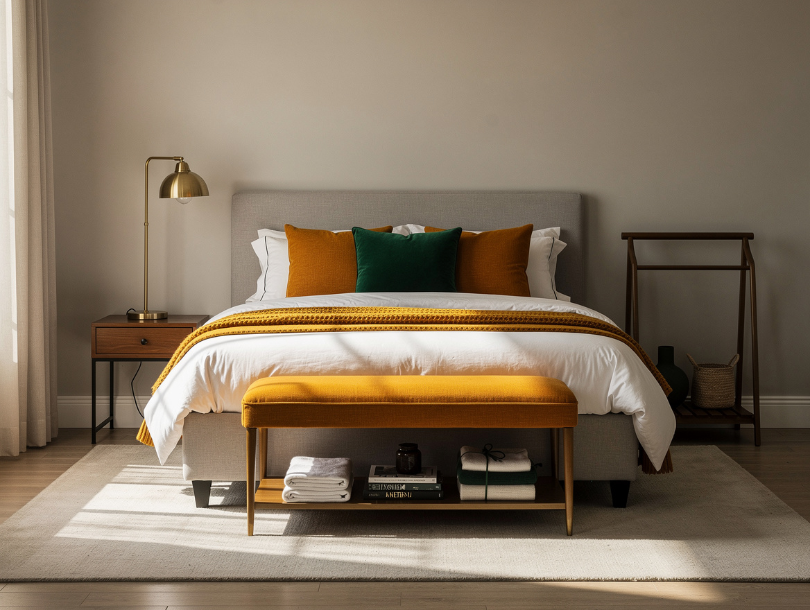 Medium-wide realistic photo of a guest bedroom showing the bed, storage bench, l