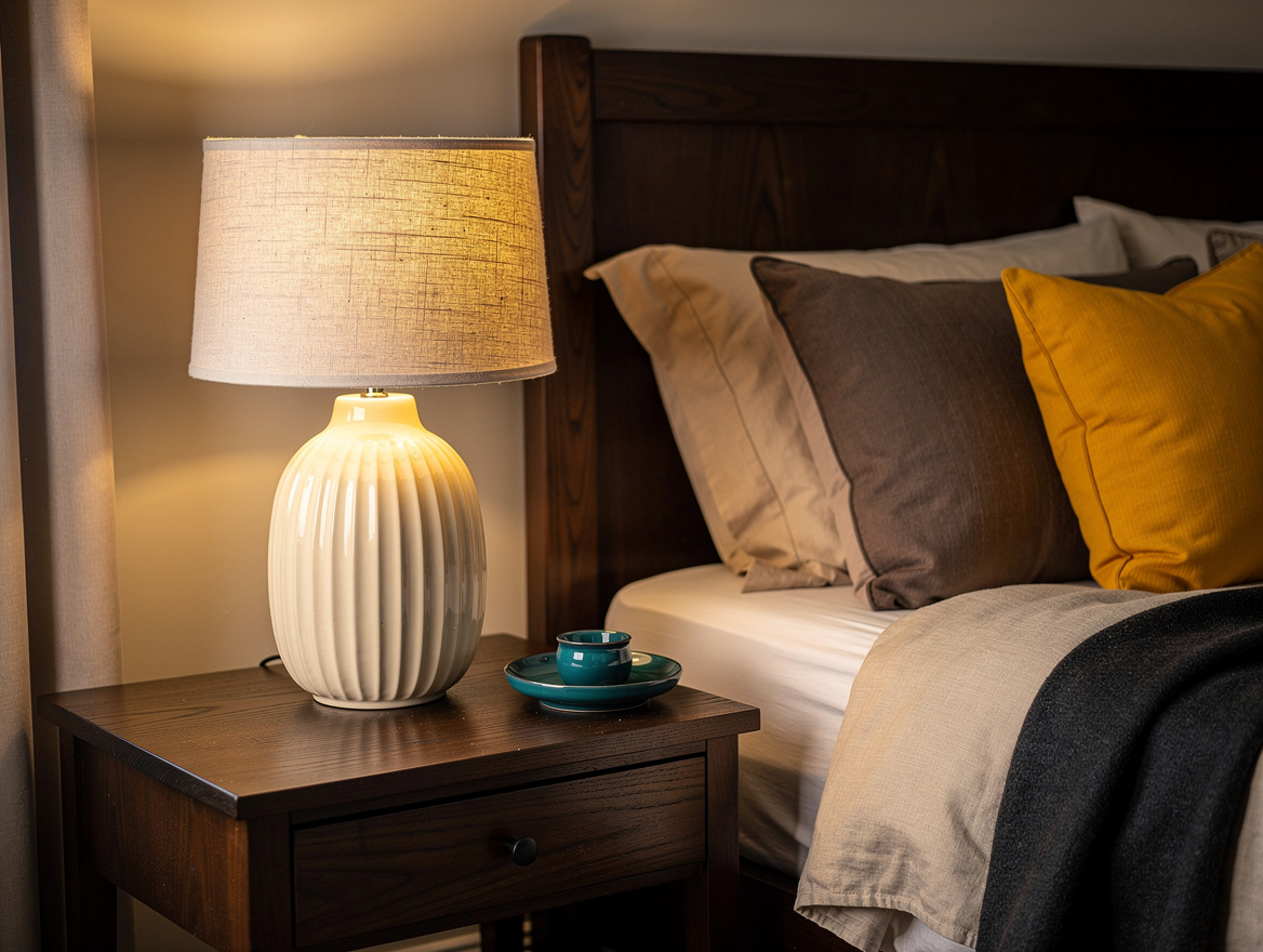 Realistic medium-shot home-decor photo of a ribbed cream ceramic lamp with a lin