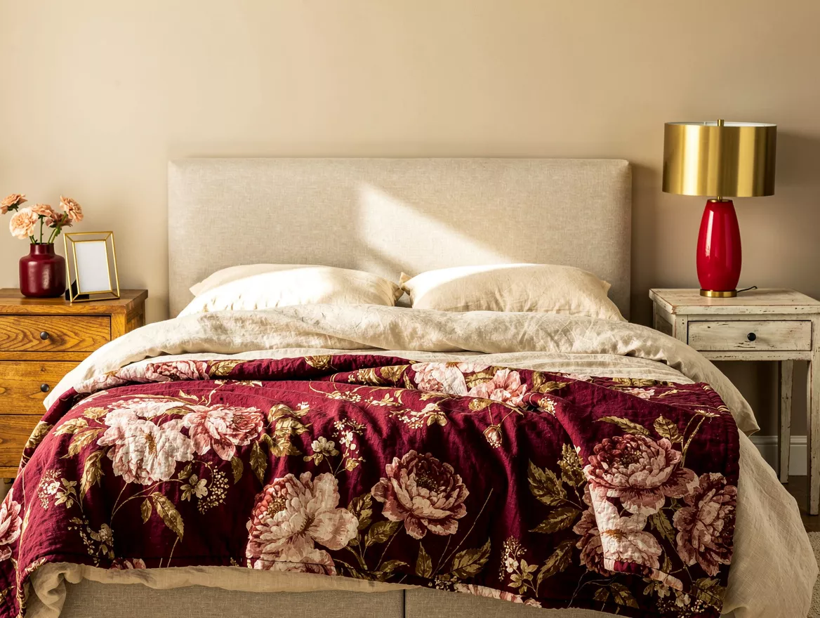 Medium shot of an oatmeal upholstered bed with ivory linen bedding, a faded flor