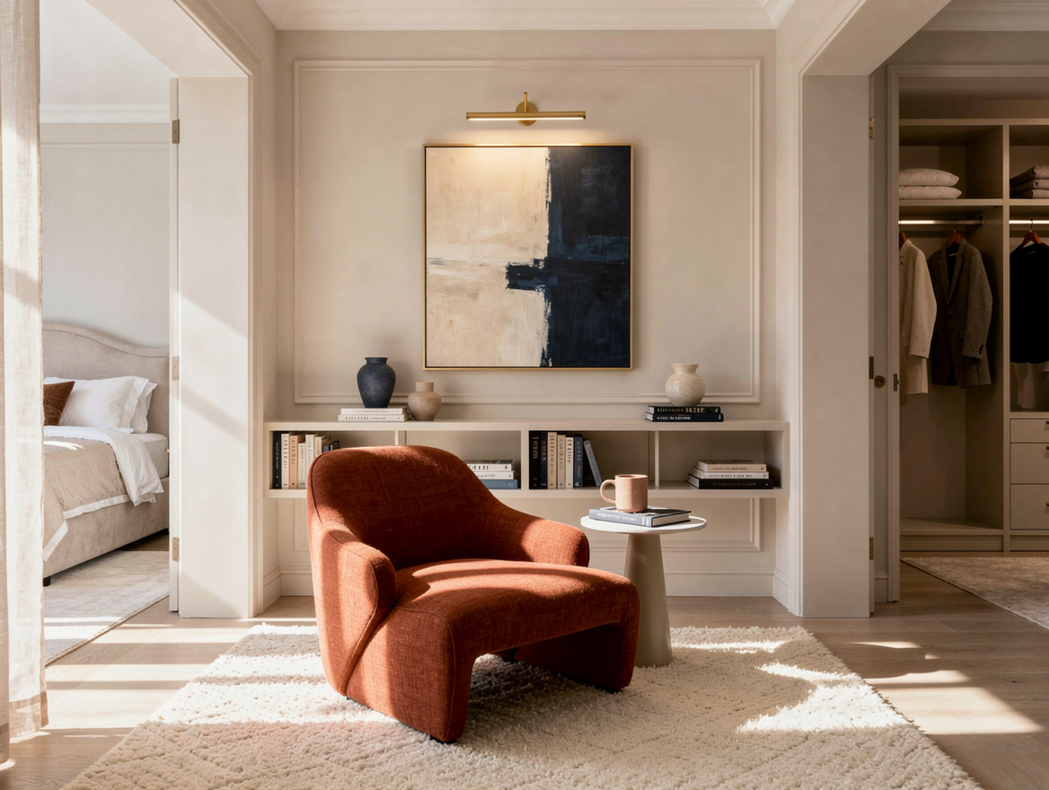 Realistic medium shot of a reading vestibule connecting a primary bedroom to a d