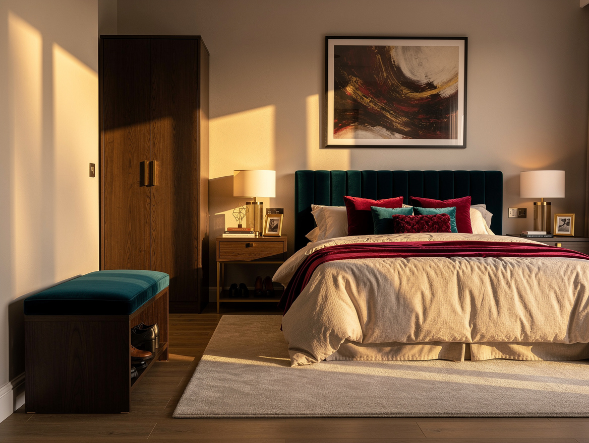 Medium-wide realistic bedroom photo with a dark-oak closed shoe-cabinet bench be