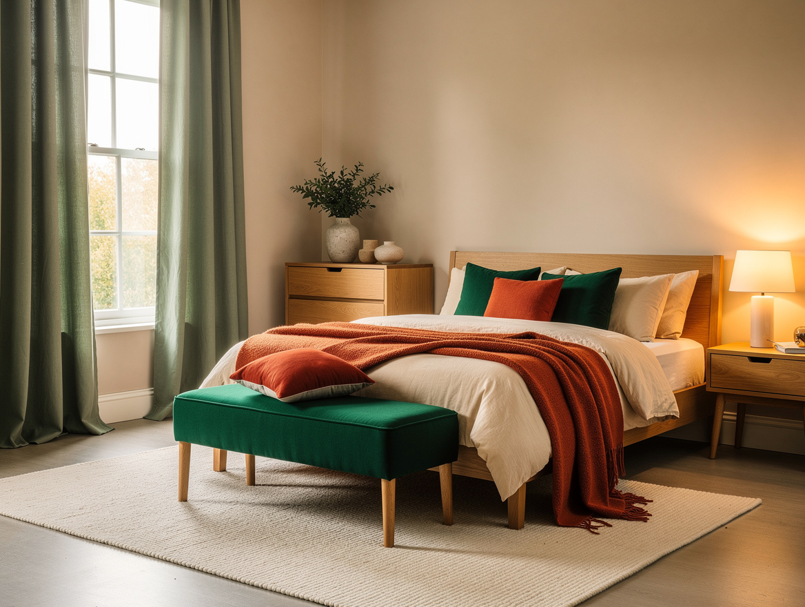 Realistic medium-shot home-decor photo of a bedroom with pale sand walls, dusty