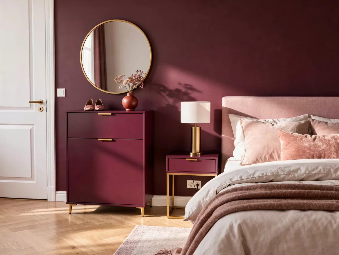 Realistic medium-shot bedroom photo showing a slim shoe cabinet beside the door