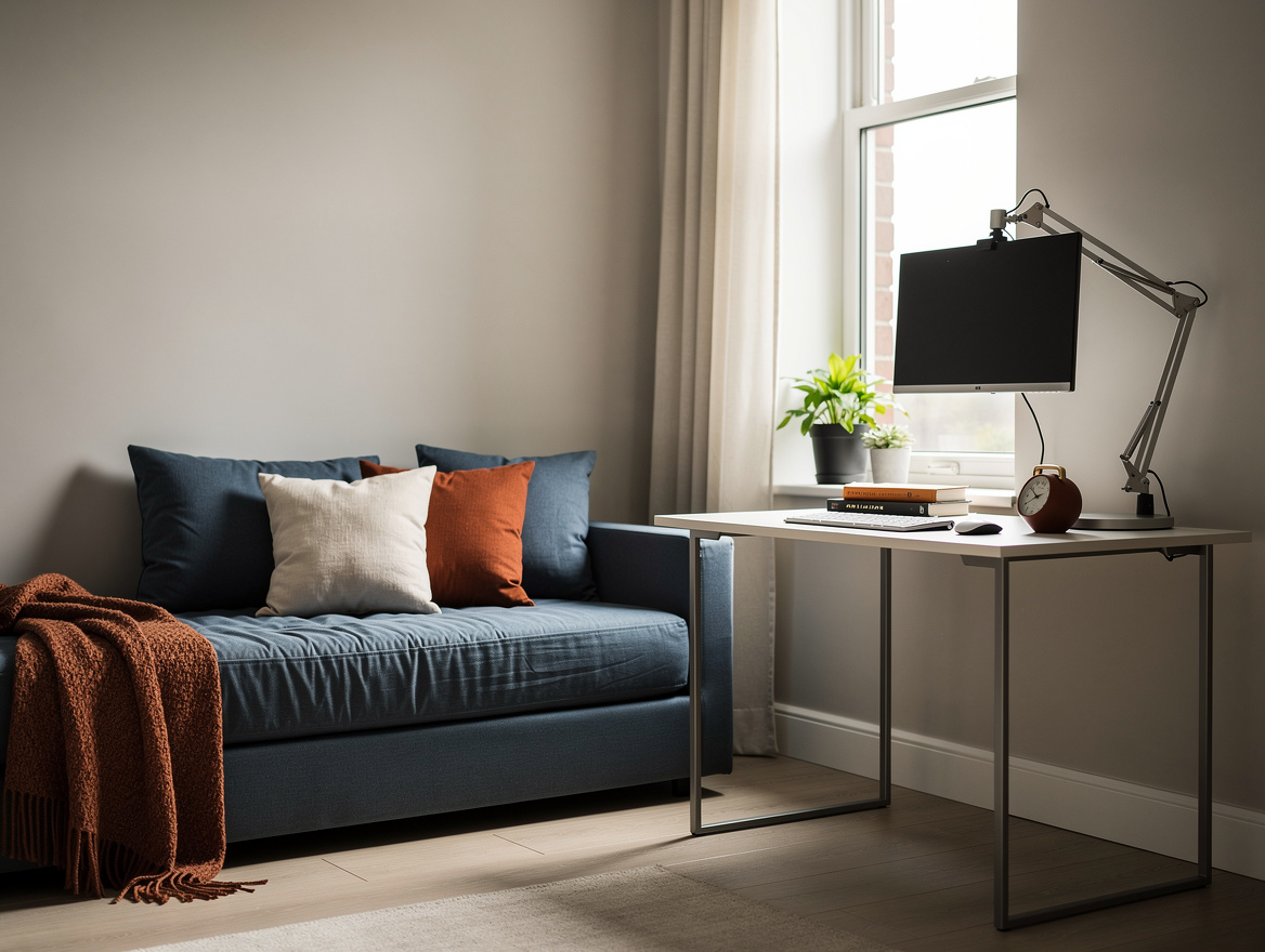 Realistic medium-shot home office bedroom with a low daybed opposite a compact d