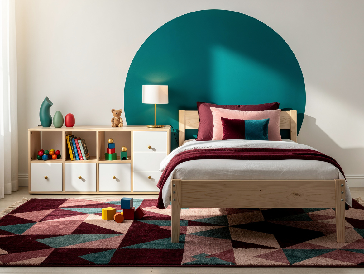 Realistic editorial medium-shot photo of a colorful kids bedroom with a pale woo