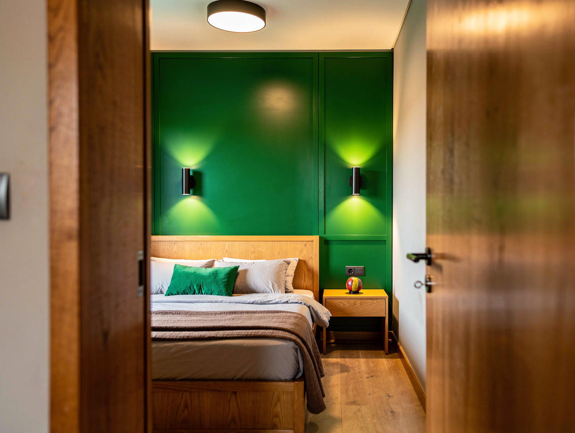 Realistic medium-shot home-decor photo of a narrow bedroom showing a compact cei