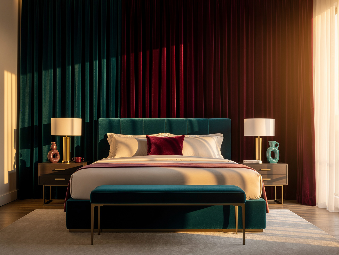Realistic medium shot of a bedroom with matching fabric on the headboard and ful