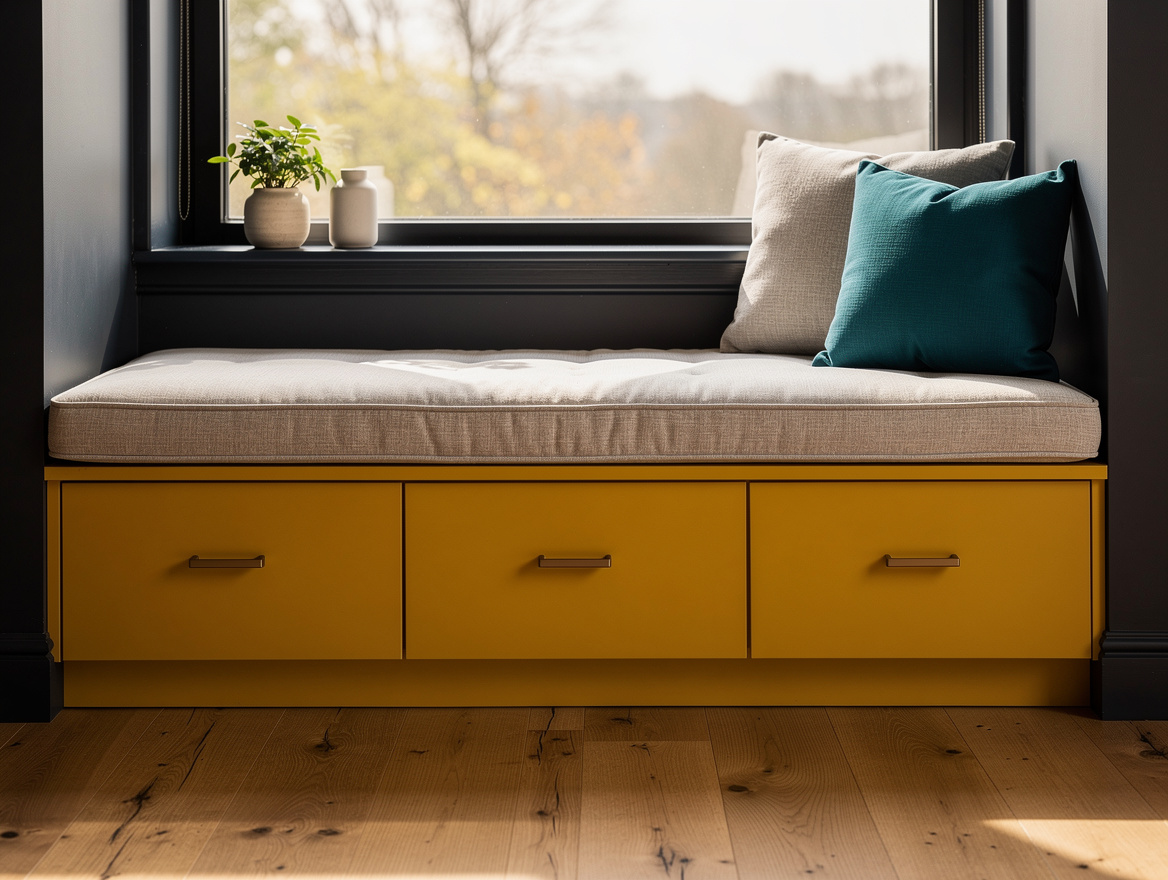 Realistic medium shot of a bedroom window seat beneath a wide window, painted dr