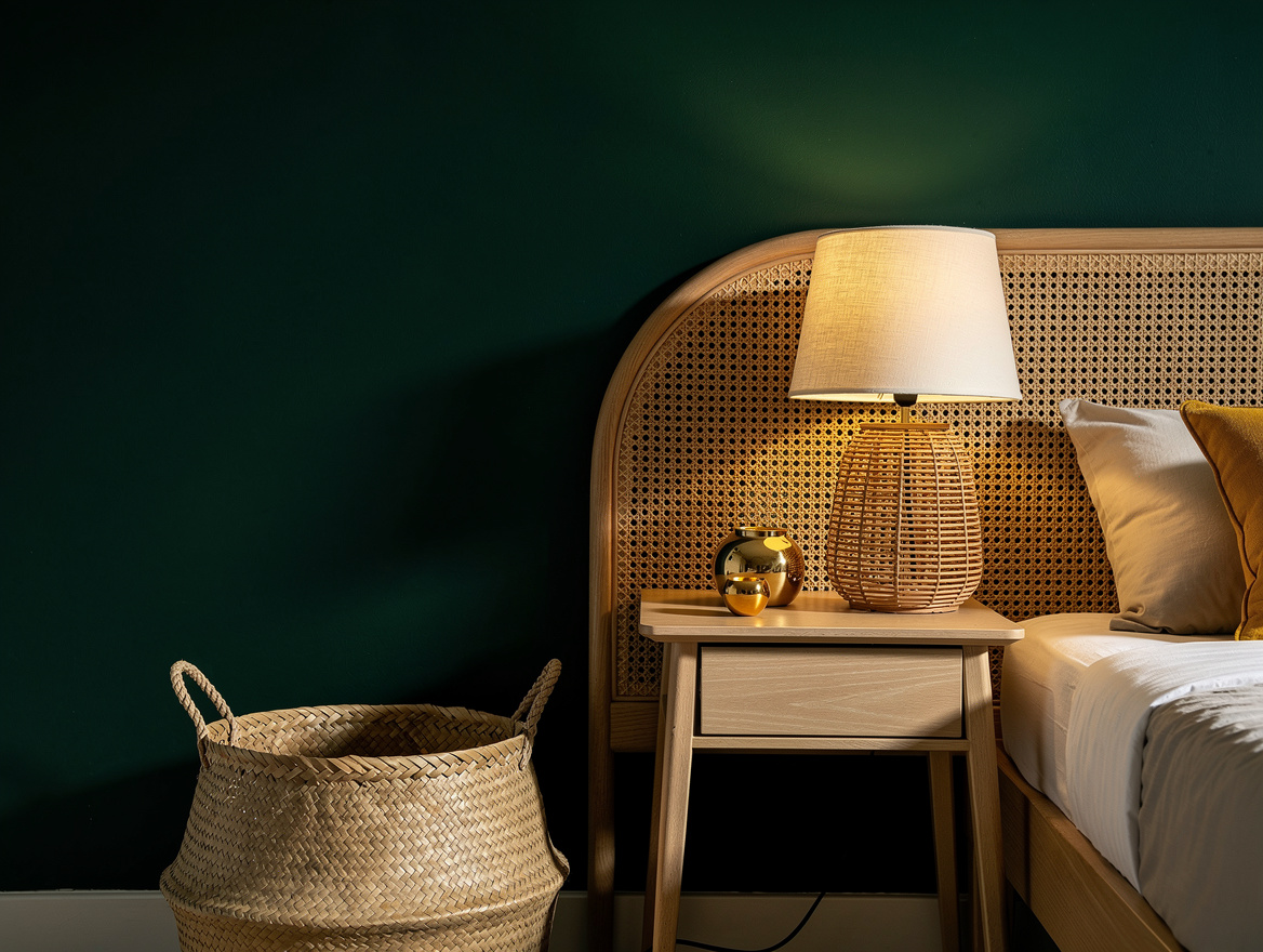 Realistic medium-shot home-decor photo of a dark green bedroom wall, cane headbo