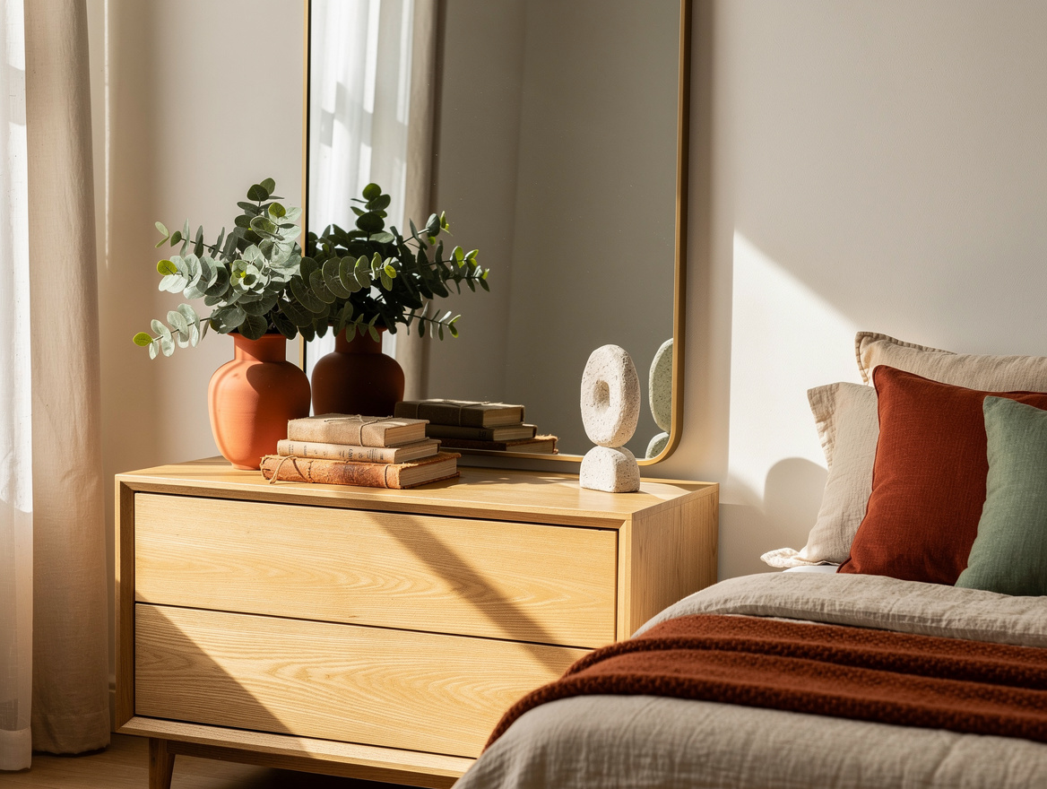 Realistic medium-shot home-decor photo of a low natural oak dresser beneath an o