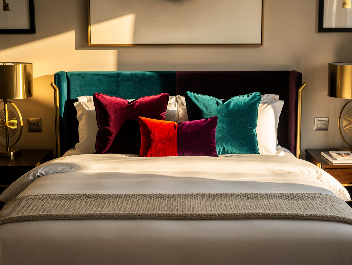 Medium editorial bedroom photo showing a queen bed with symmetrical upright pill