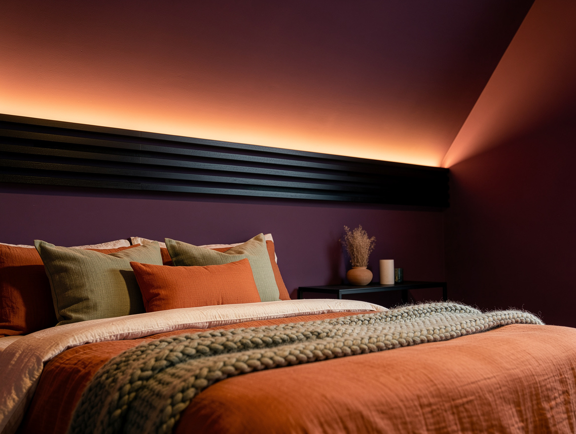 Atmospheric evening photograph of a saturated plum bedroom ceiling with conceale