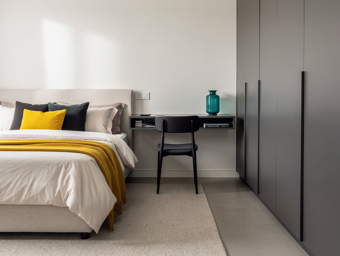 Realistic wide editorial bedroom scene with a wall-side bed, compact wall-mounte