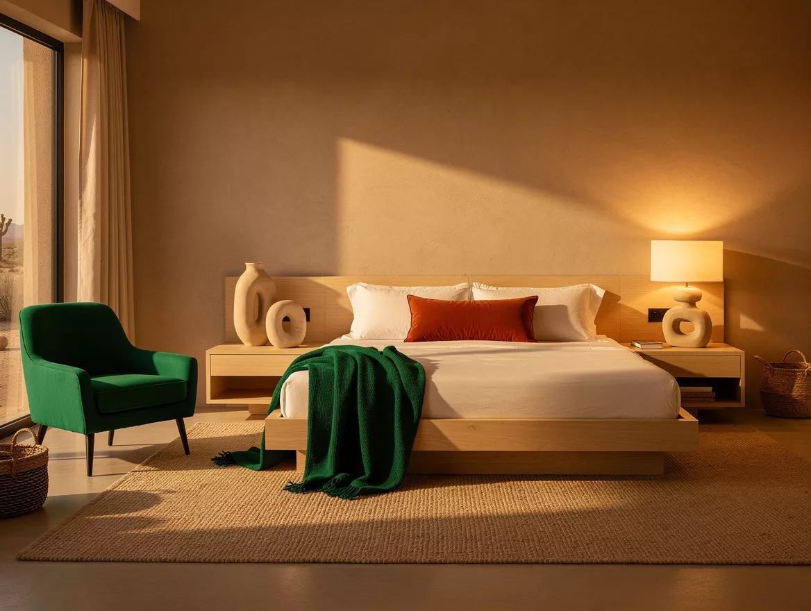 Realistic wide editorial interior photo of a calm desert modern bedroom inspired