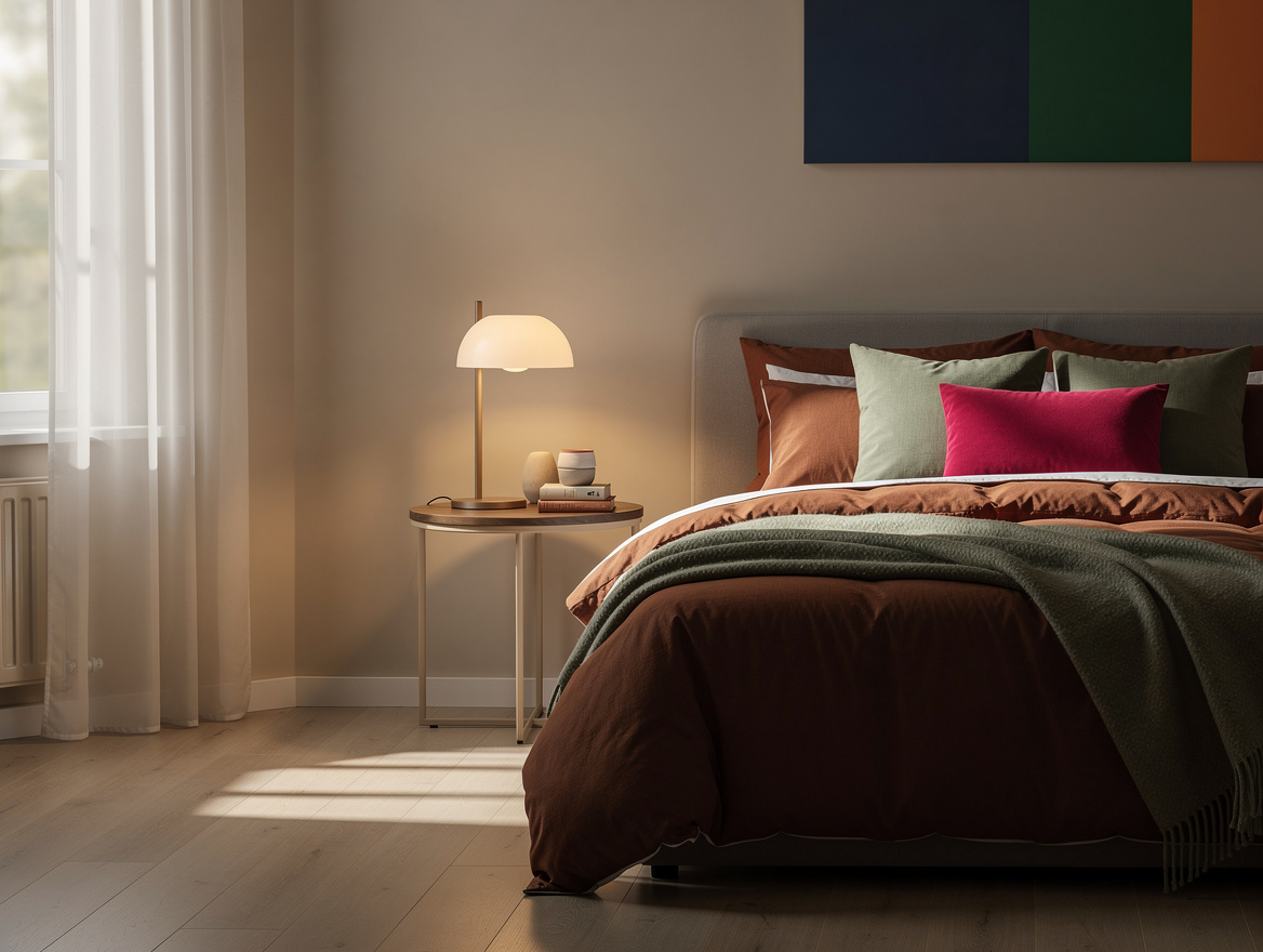 Realistic wide ambient photo of a calm guest bedroom with a compact round nights