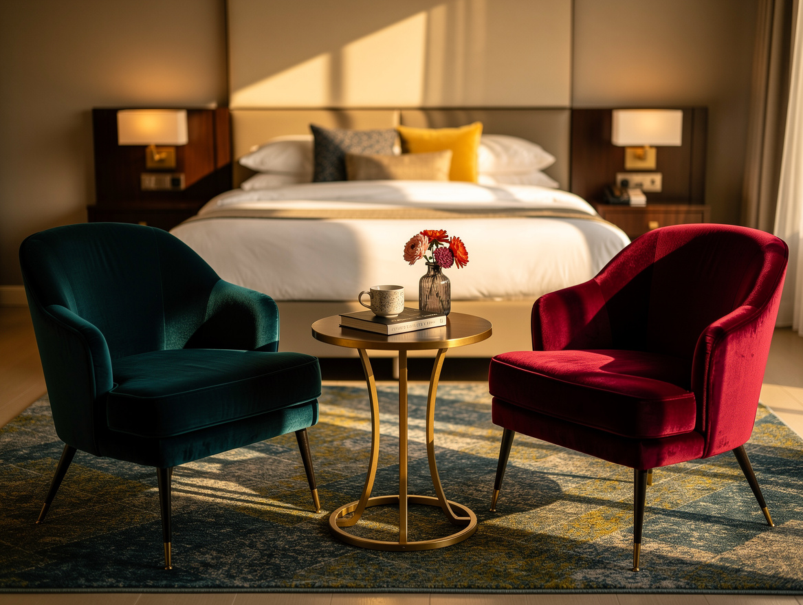 Realistic wide editorial bedroom interior showing a bounded seating vignette opp