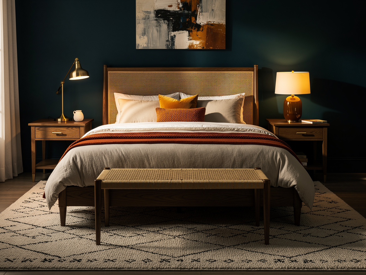 Realistic wide editorial bedroom photo showing a balanced black-and-white palett