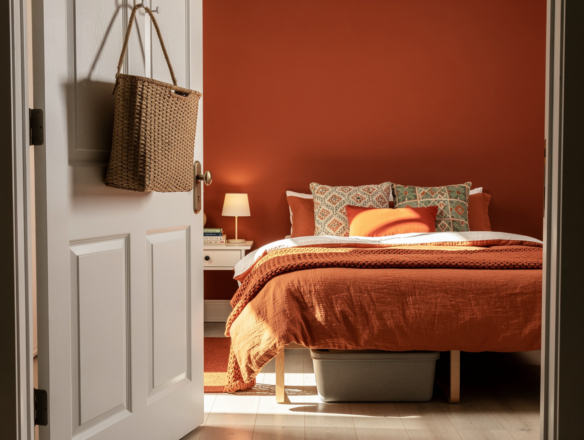 Realistic wide editorial photo of a tiny bedroom with a textile hamper hanging b