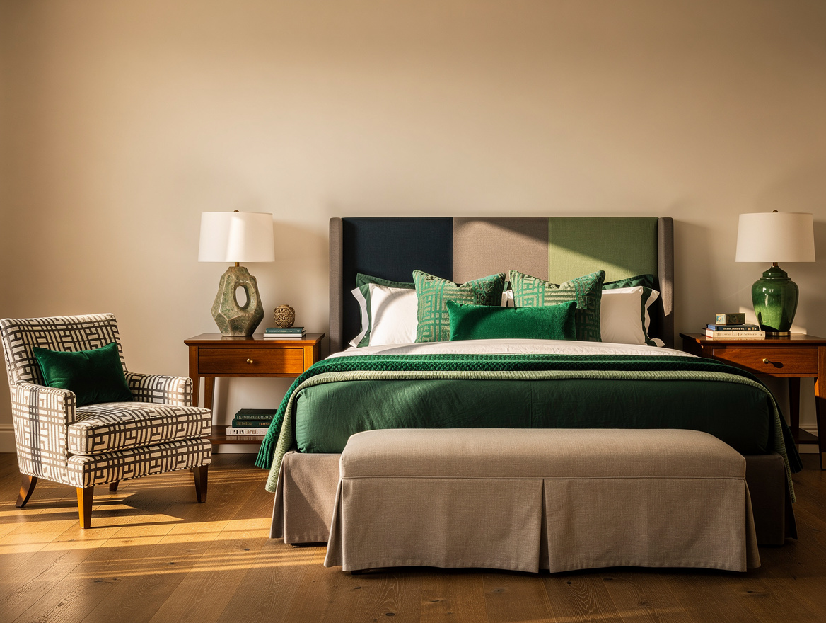 Realistic wide atmospheric bedroom photo showing an upholstered bed, one checked