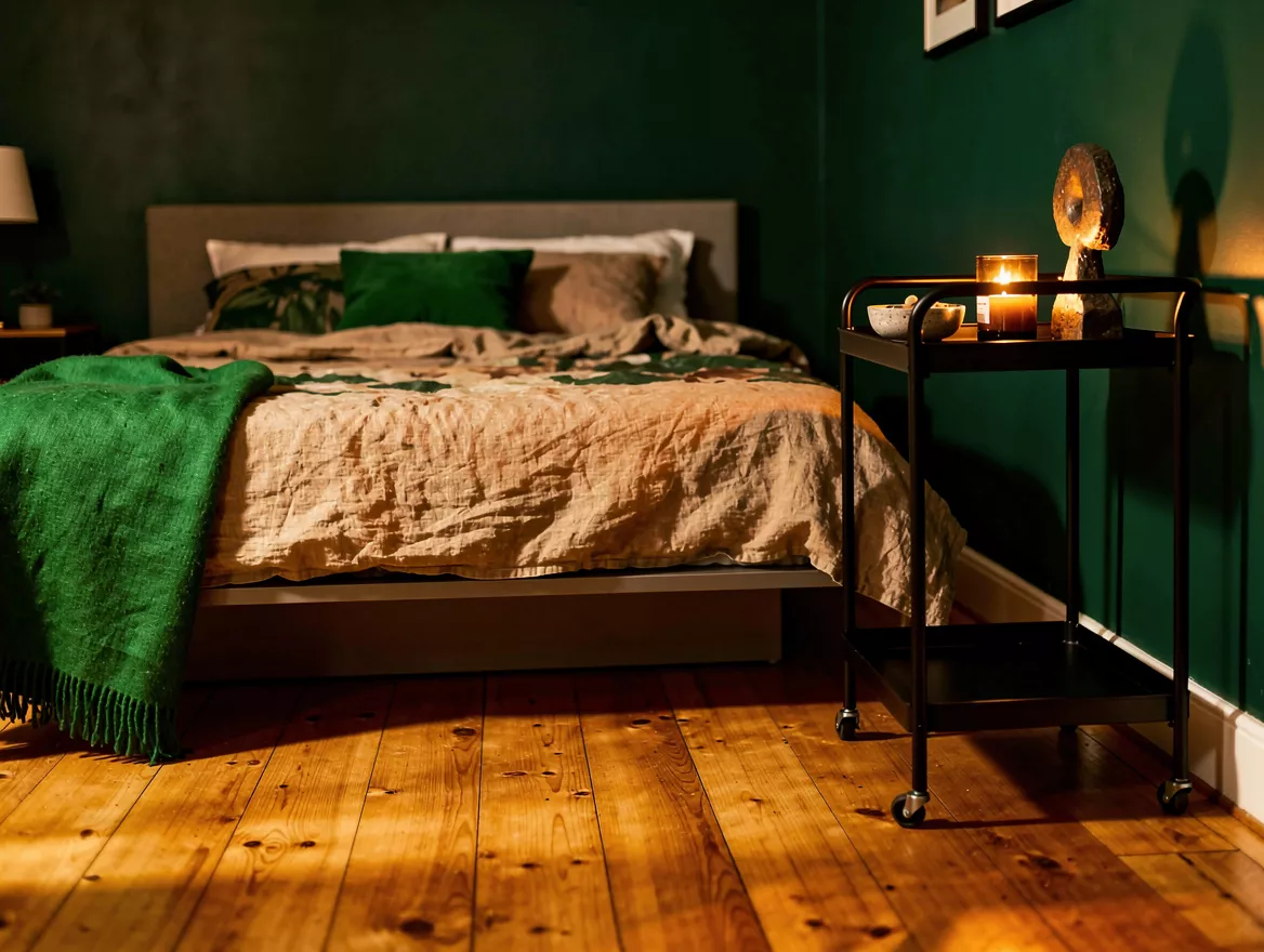 Wide ambient photograph of a compact rental bedroom with a narrow black metal ut