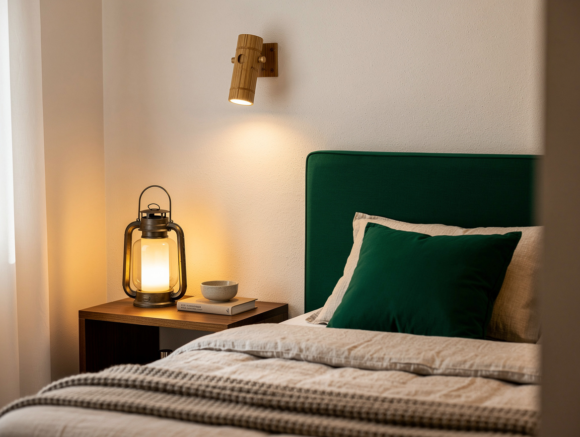Realistic editorial room photo of a compact bedroom using a TÄRNABY-style lanter