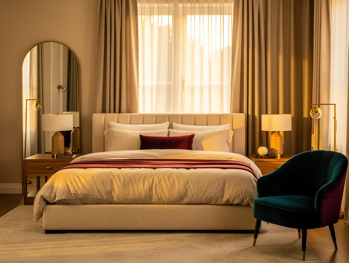 Wide ambient photograph of a warm cream and tobacco bedroom with an upholstered