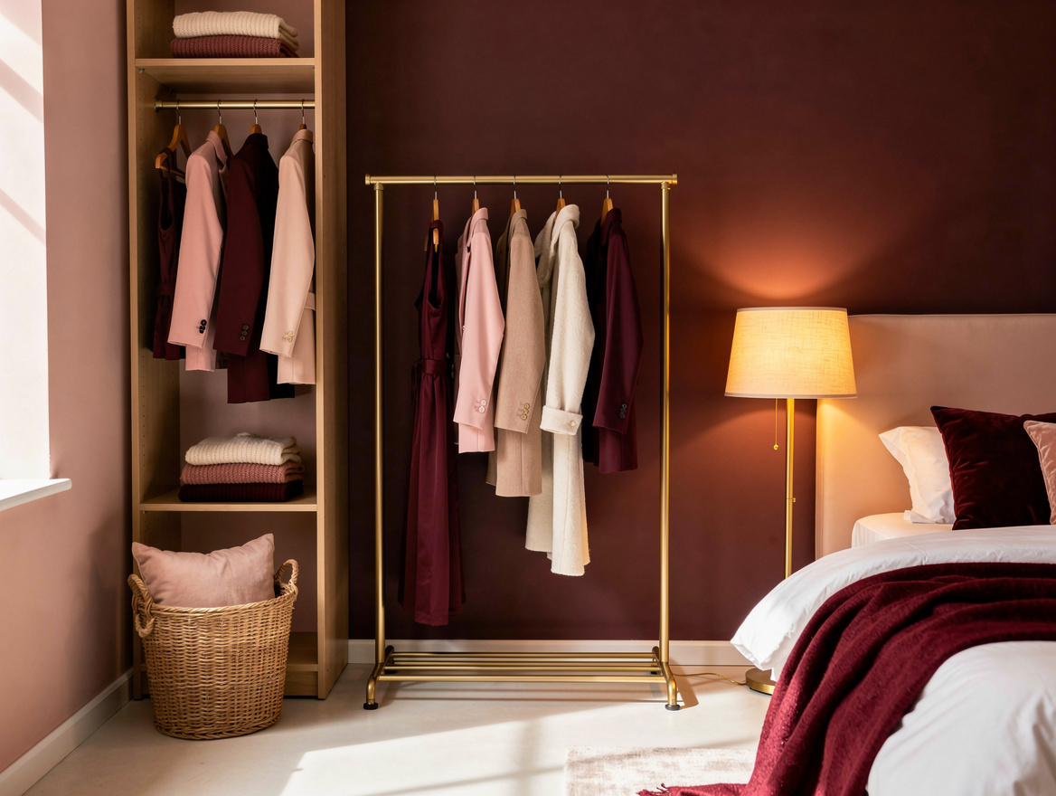 Realistic editorial wide interior photo of a small bedroom with a carefully styl