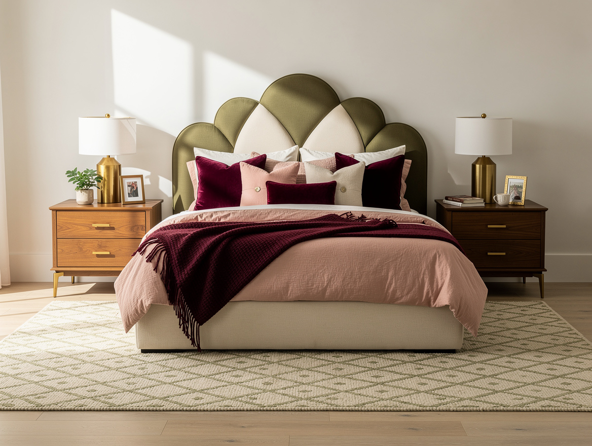 Realistic wide editorial bedroom photo showing a cloud-style headboard, oversize