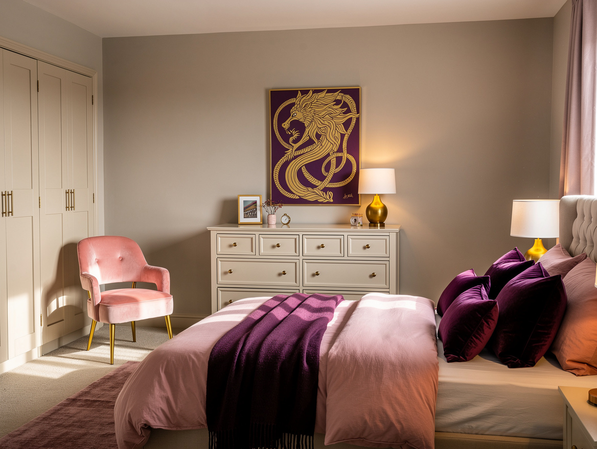 Realistic wide editorial bedroom photo showing the bed, closet doors, and center