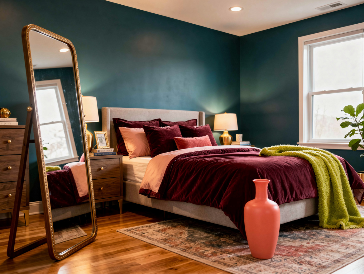 Realistic wide editorial bedroom scene showing a full-length mirror angled away