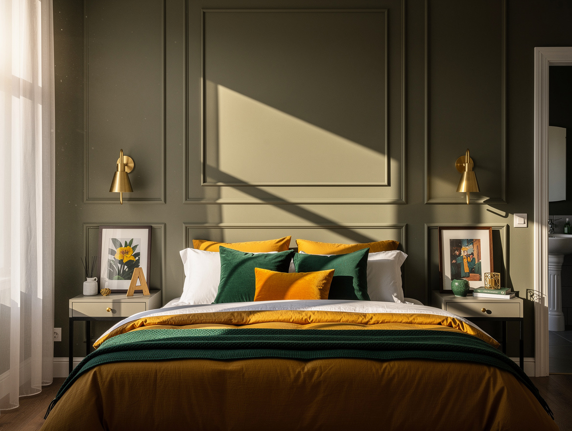 Realistic wide editorial bedroom scene with a renter-friendly framed bed wall, m
