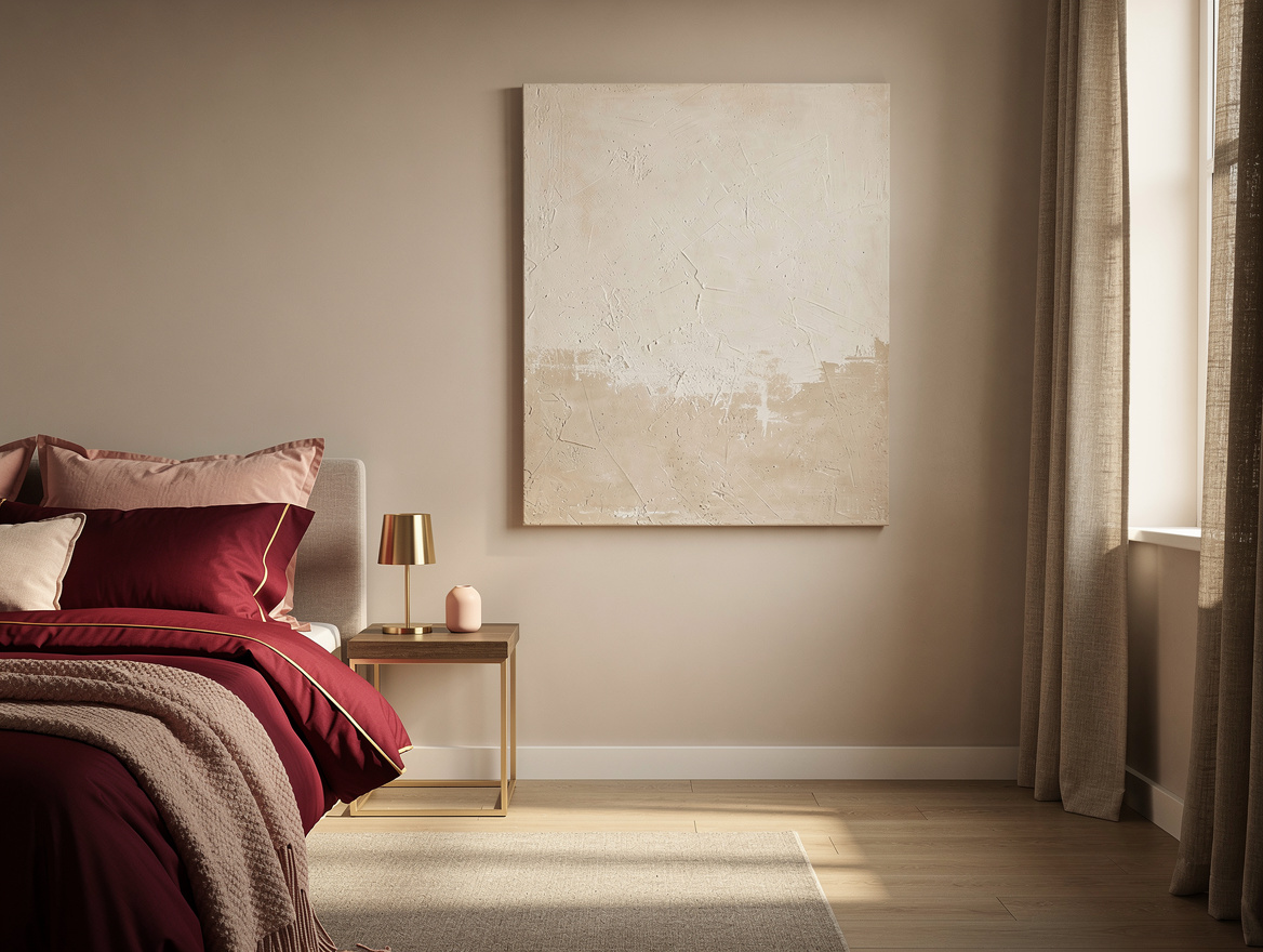 Atmospheric wide interior photograph of a quiet small bedroom with a large neutr