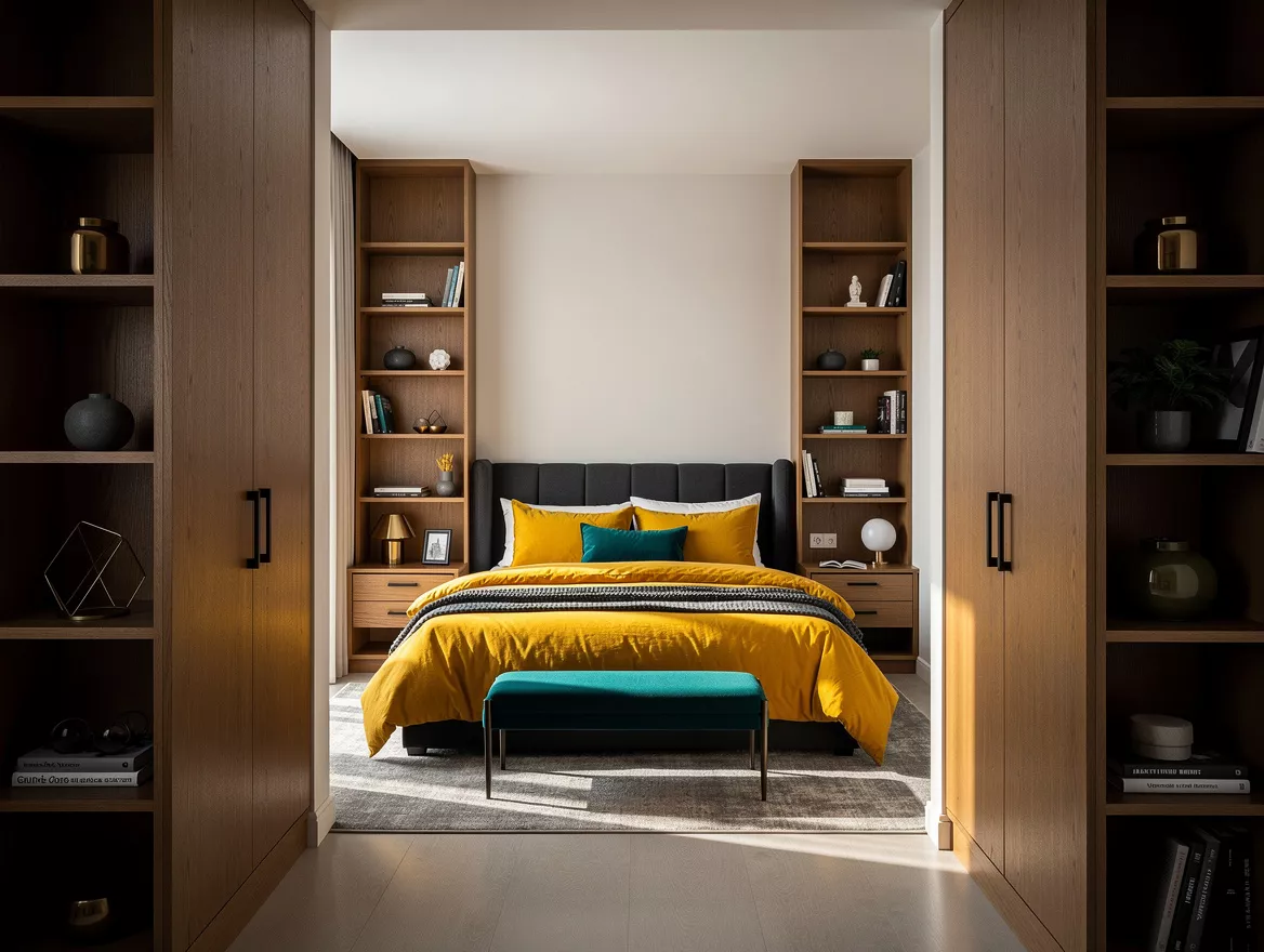 Wide atmospheric photo of a tidy shared bedroom viewed from the doorway, identic