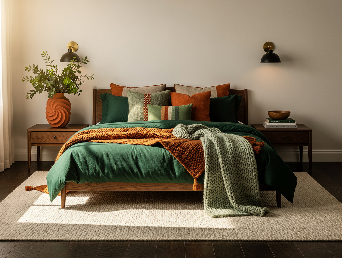 Realistic wide editorial bedroom scene with dark walnut flooring, ivory walls, d