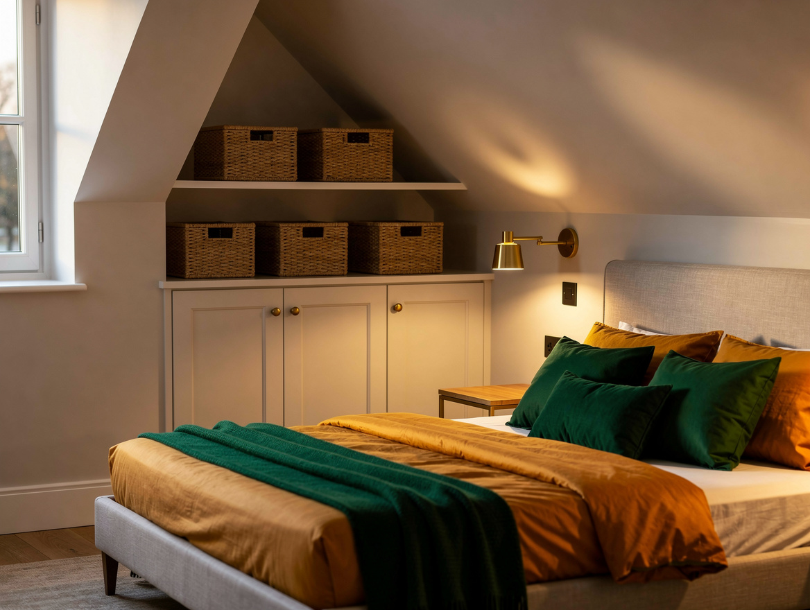 Realistic atmospheric bedroom interior with under-eave baskets, folded bedding,