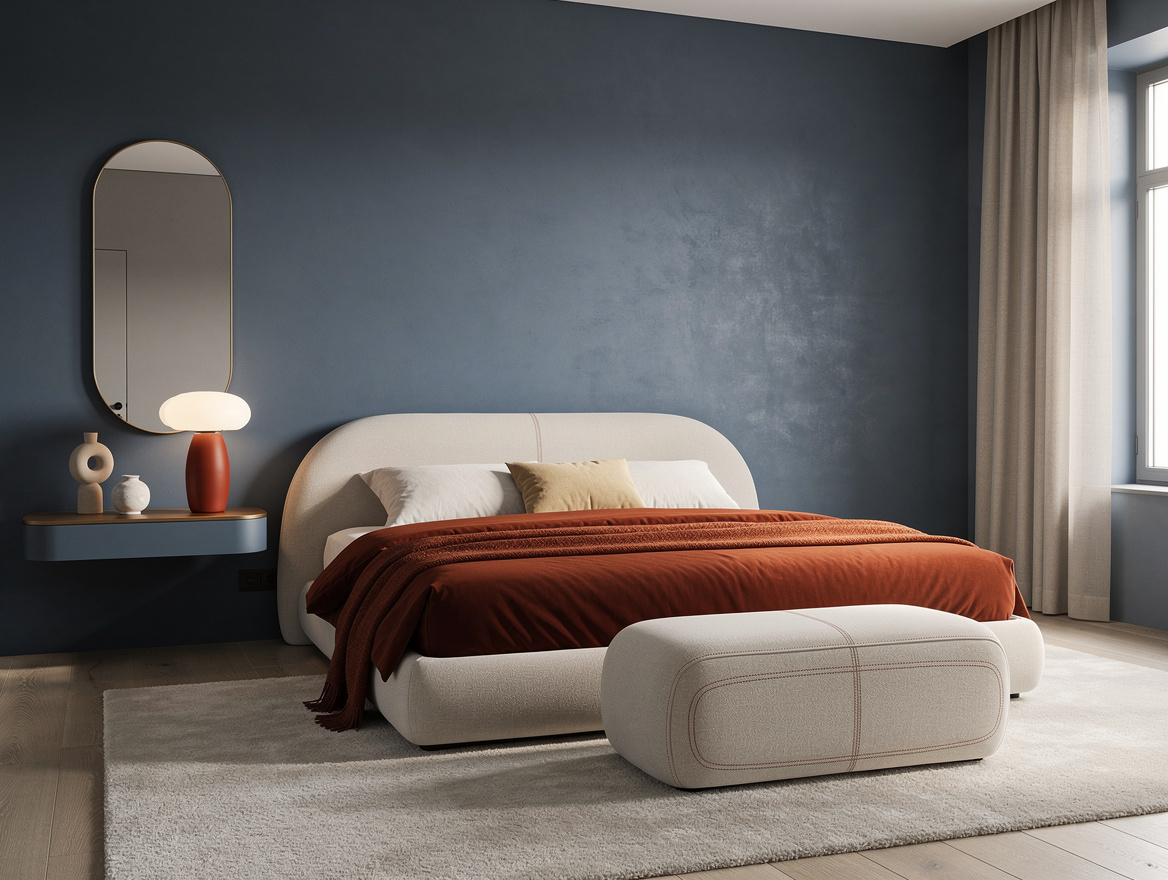 Realistic wide editorial bedroom photo with rounded furniture, floating bedside