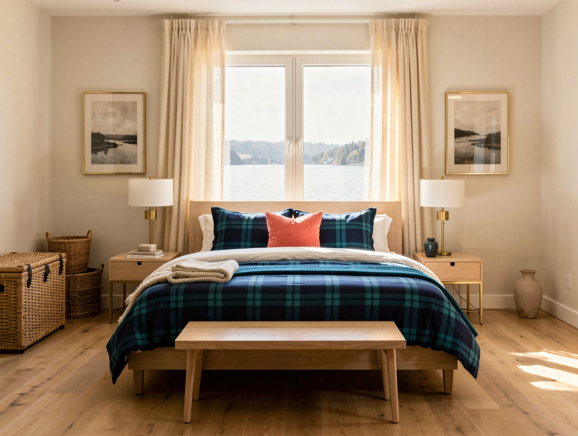 Realistic editorial wide ambiance photo of a calm lake house bedroom combining b