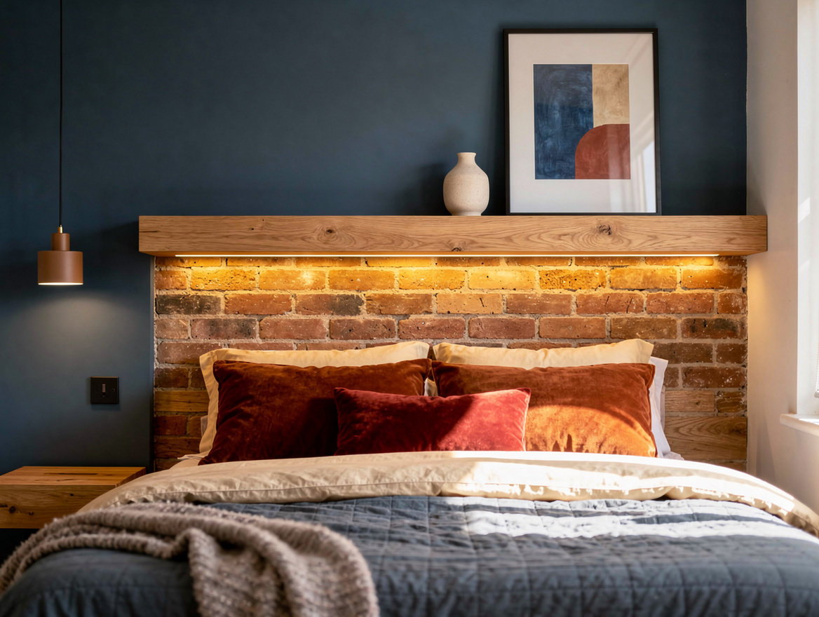 Realistic wide editorial bedroom scene with exposed brick, a floating oak shelf