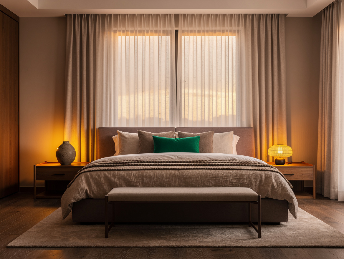 Realistic wide editorial bedroom interior showing the full taupe, cream, and esp