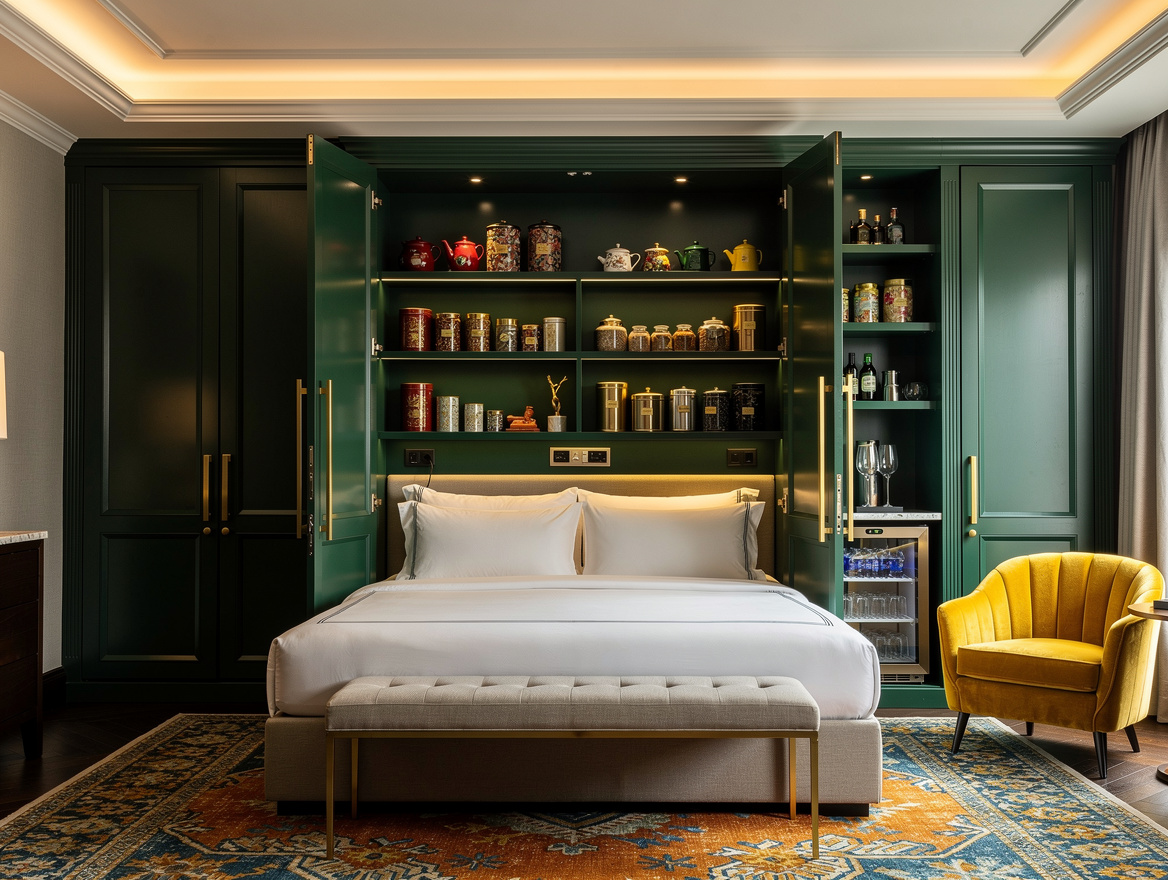 Realistic editorial wide photo of a hotel-suite-style primary bedroom with conce