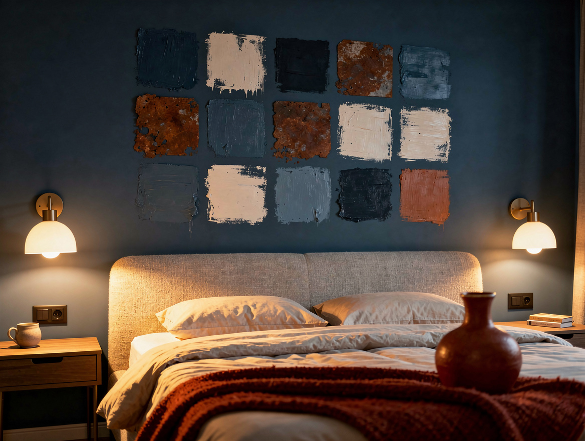 Realistic atmospheric bedroom photo at dusk with sample patches visible behind t