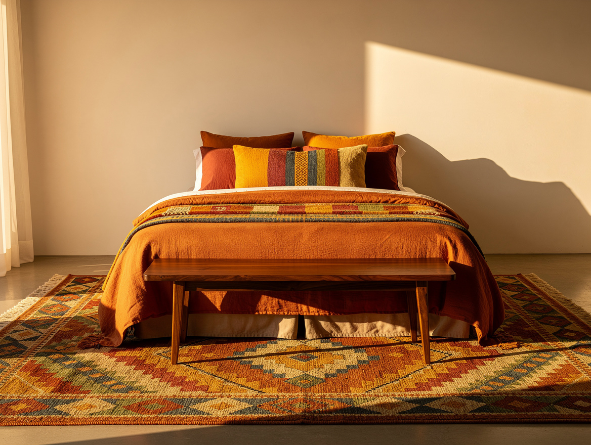 Wide atmospheric editorial view of a desert-modern bedroom with queen bed, 8-by-