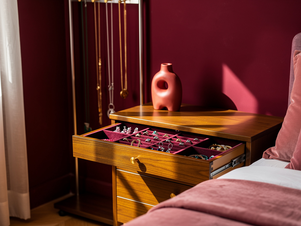 Wide realistic bedroom scene showing a compact dresser, an organized jewelry dra