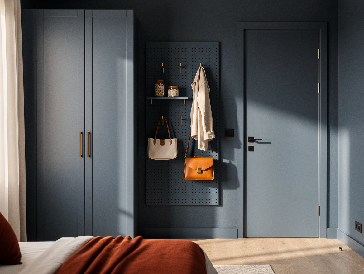 Realistic wide editorial bedroom photo showing a narrow pegboard drop zone besid