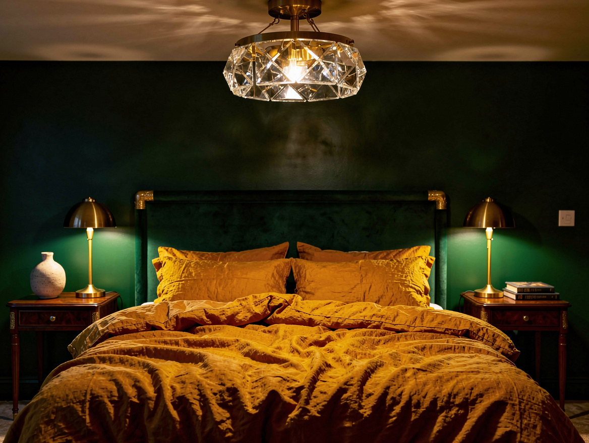 ambient evening bedroom scene lit only by a dimmed crystal flush mount and two b