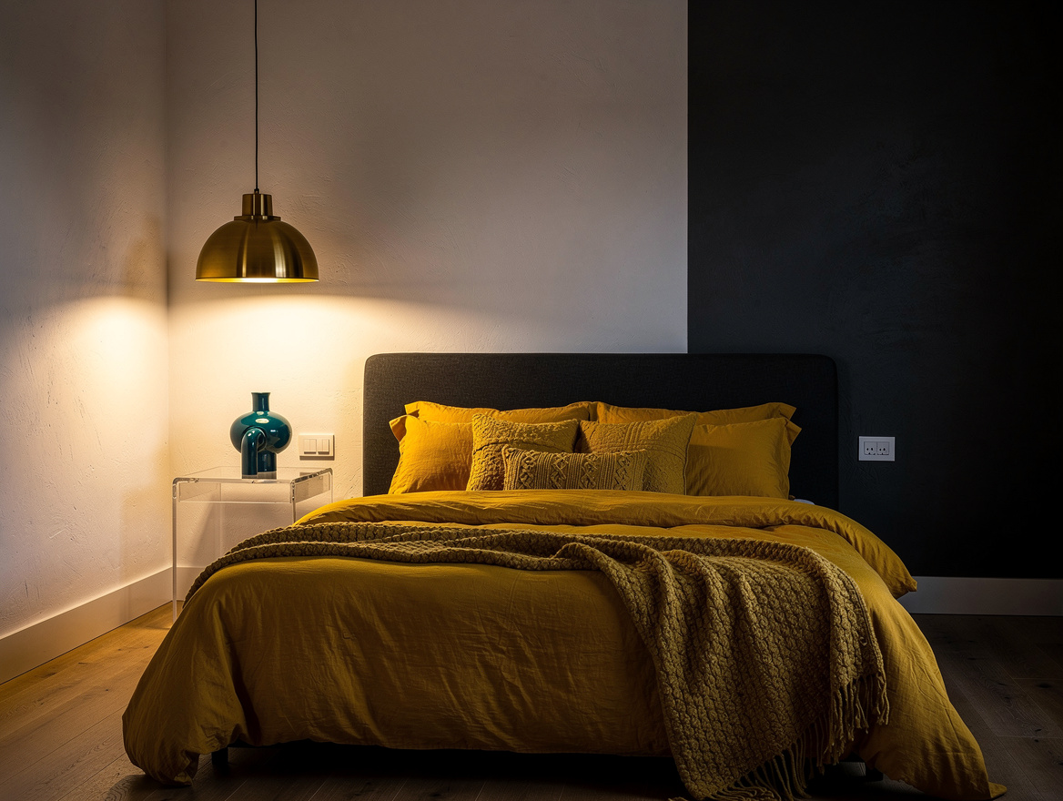 Ambient wide photograph of a contemporary primary bedroom at dusk, a single larg