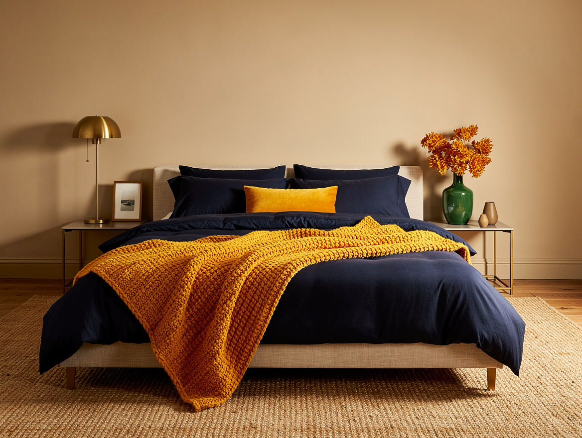 Realistic wide editorial bedroom photo showing beige walls, navy bedding, a chun