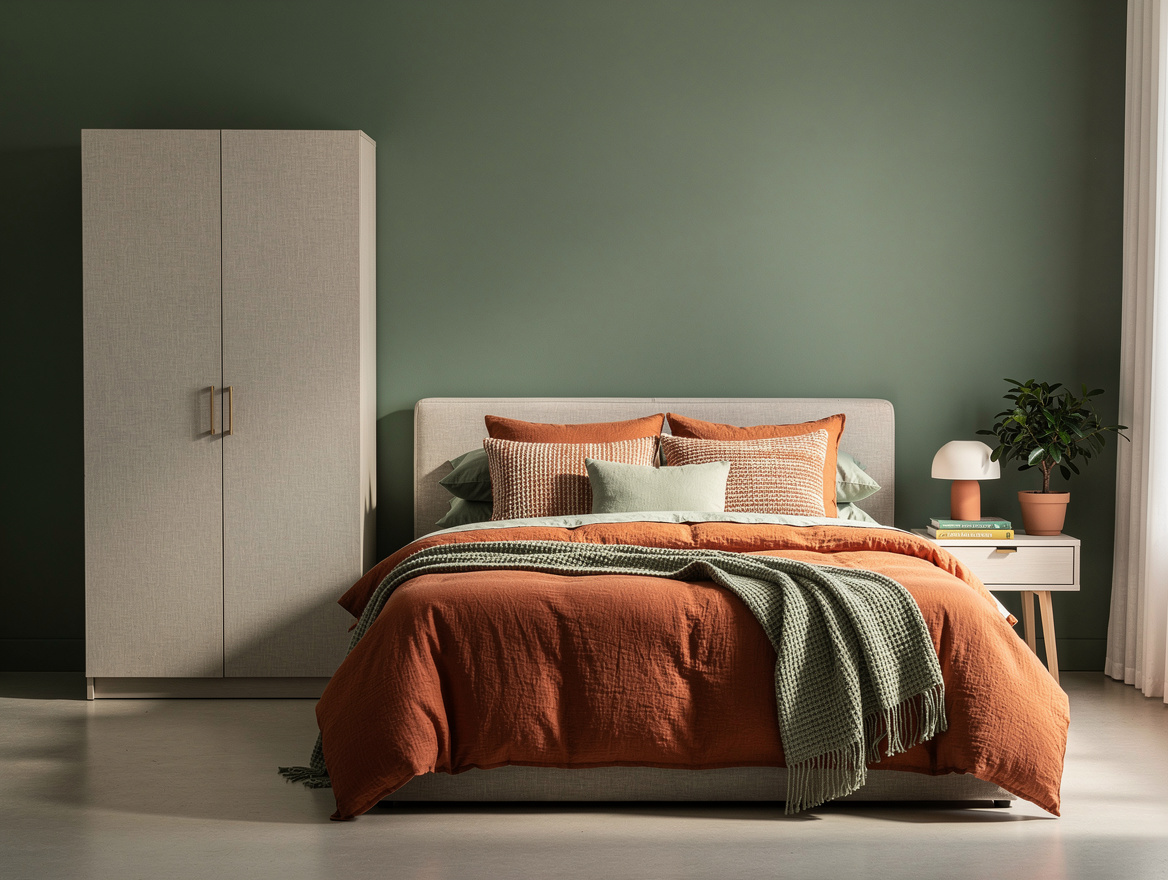 Realistic editorial wide bedroom scene showing a tall linen cabinet beside the b