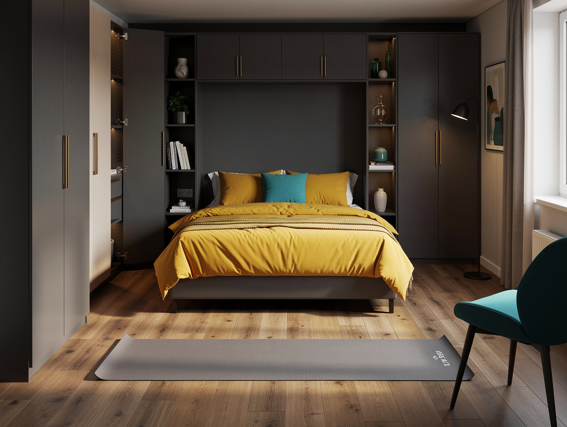 Realistic wide editorial interior photo showing a small bedroom arranged around